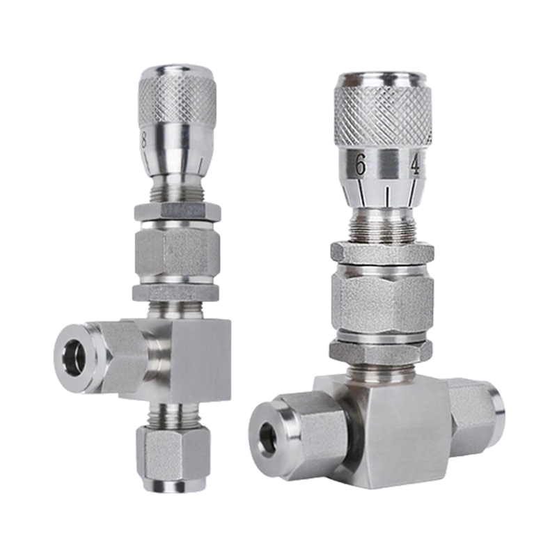 Válvula de aguja dosificadora tipo férula de acero inoxidable 316/304 con calibración para aplicaciones de vacío